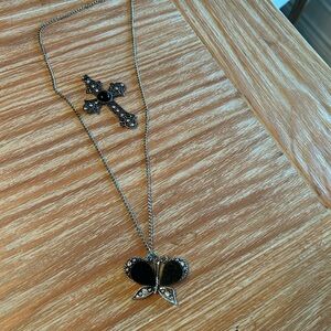 Women's  Vintage Black Pendant Necklace Set - Silver Tone